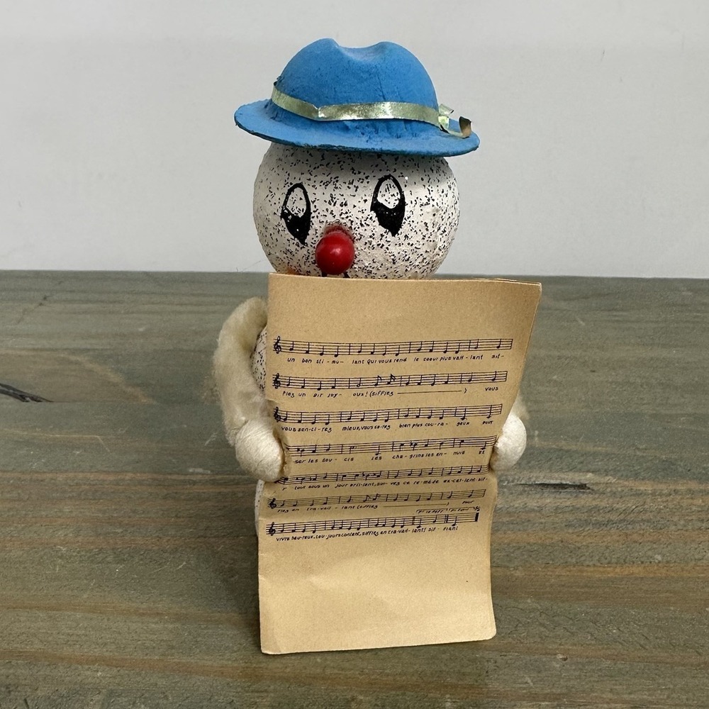 VTG Putz Mica Spun Cotton Blue Hat Snowman Musician Christmas Japan Paper Mache